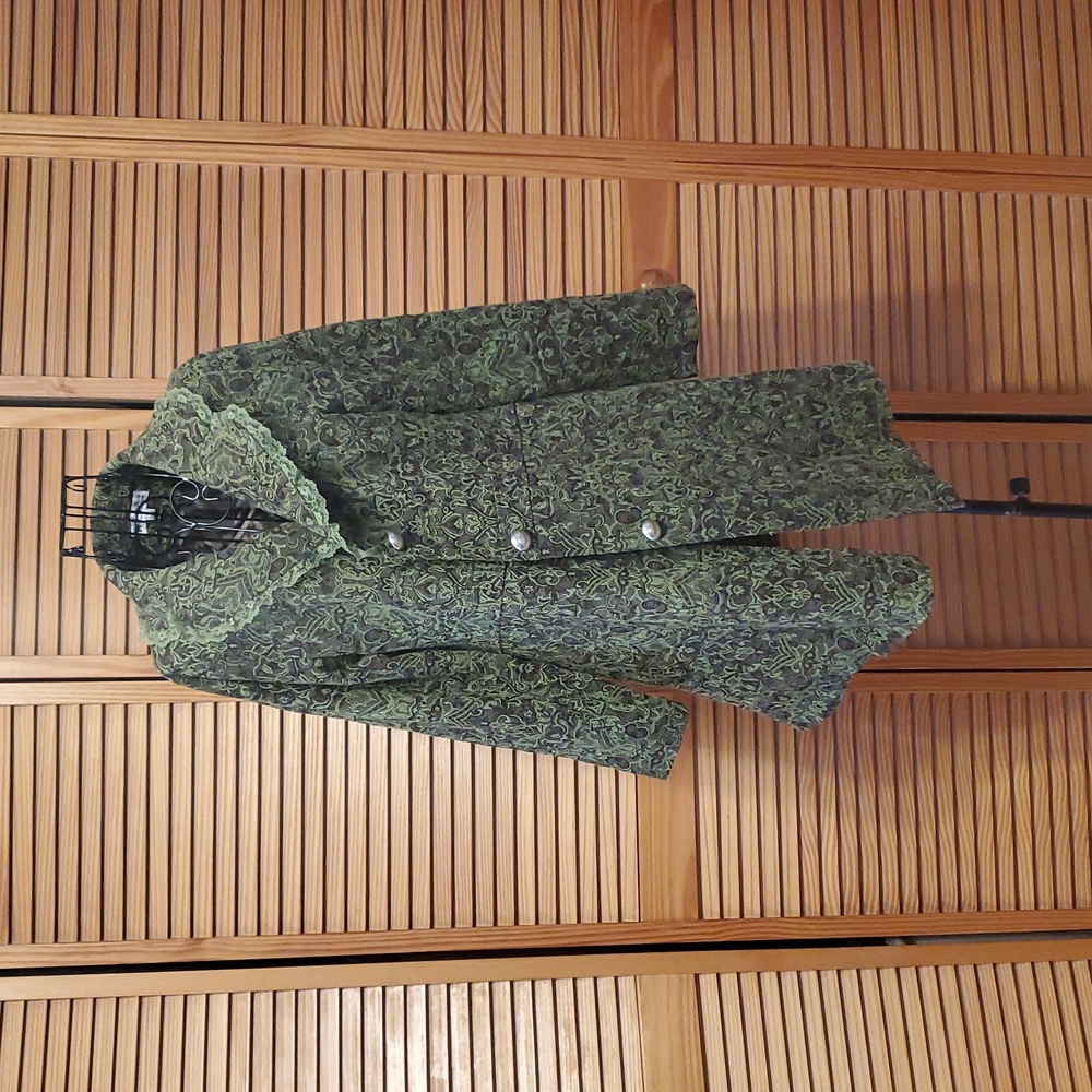Green Textured Coat with Silver Buttons